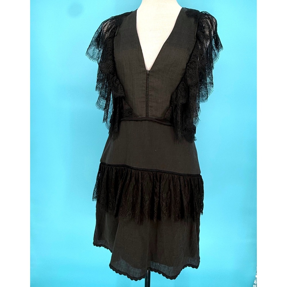 Stevie May Black Lace Ruffle Mini Dress Sheer Mesh Back Linen Blend Size M